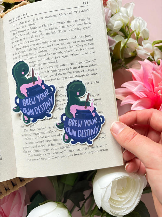 Brew Your Own Destiny Dinosaur Sticker | Whimsical Fantasy Vinyl Sticker | Cute Dino Glossy Decal | Handmade Bookish Aesthetic Sticker