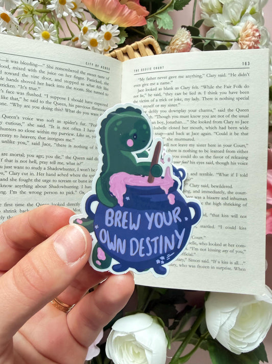 Brew Your Own Destiny Dinosaur Sticker | Whimsical Fantasy Vinyl Sticker | Cute Dino Glossy Decal | Handmade Bookish Aesthetic Sticker