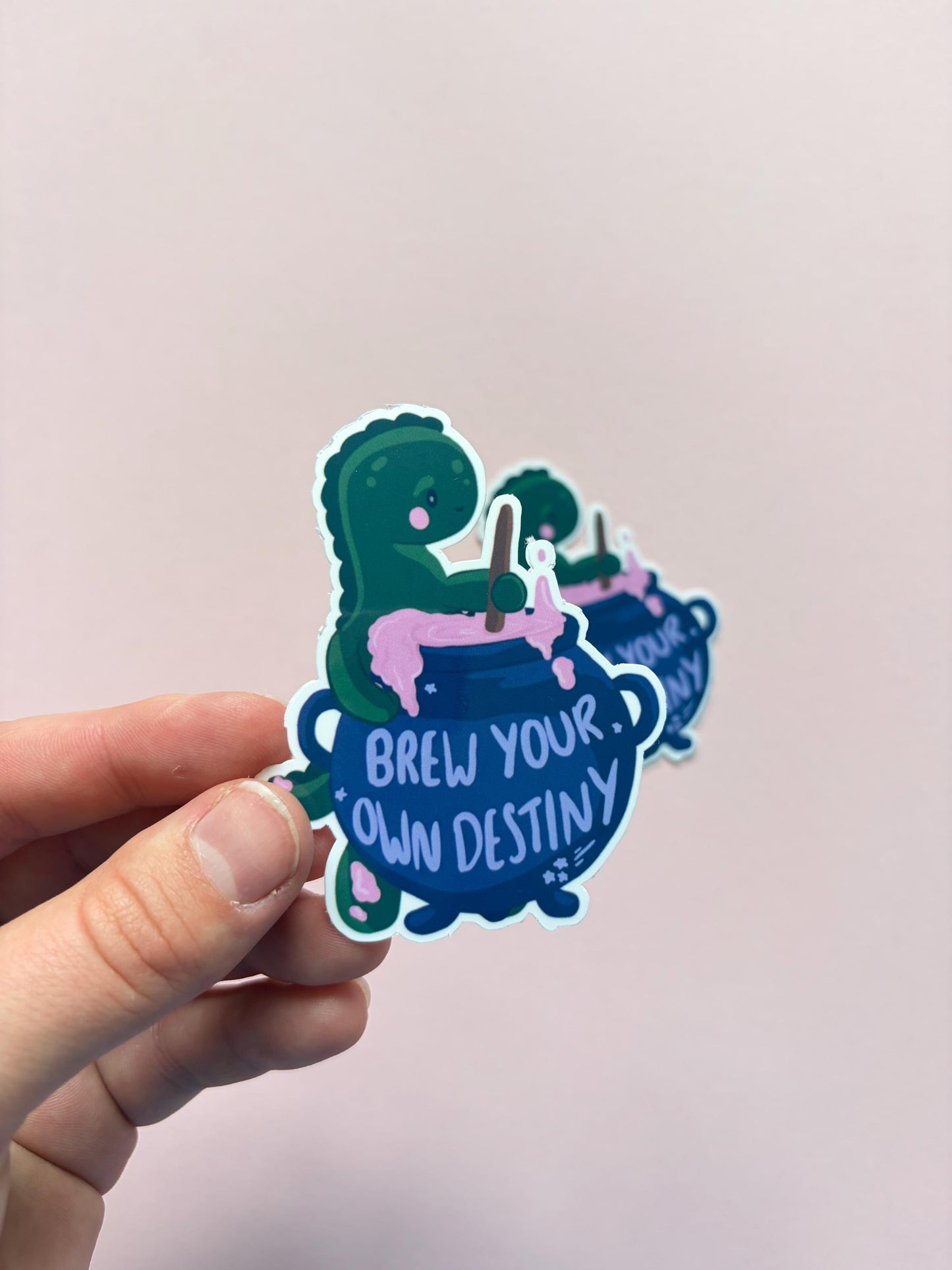 Brew Your Own Destiny Dinosaur Sticker | Whimsical Fantasy Vinyl Sticker | Cute Dino Glossy Decal | Handmade Bookish Aesthetic Sticker