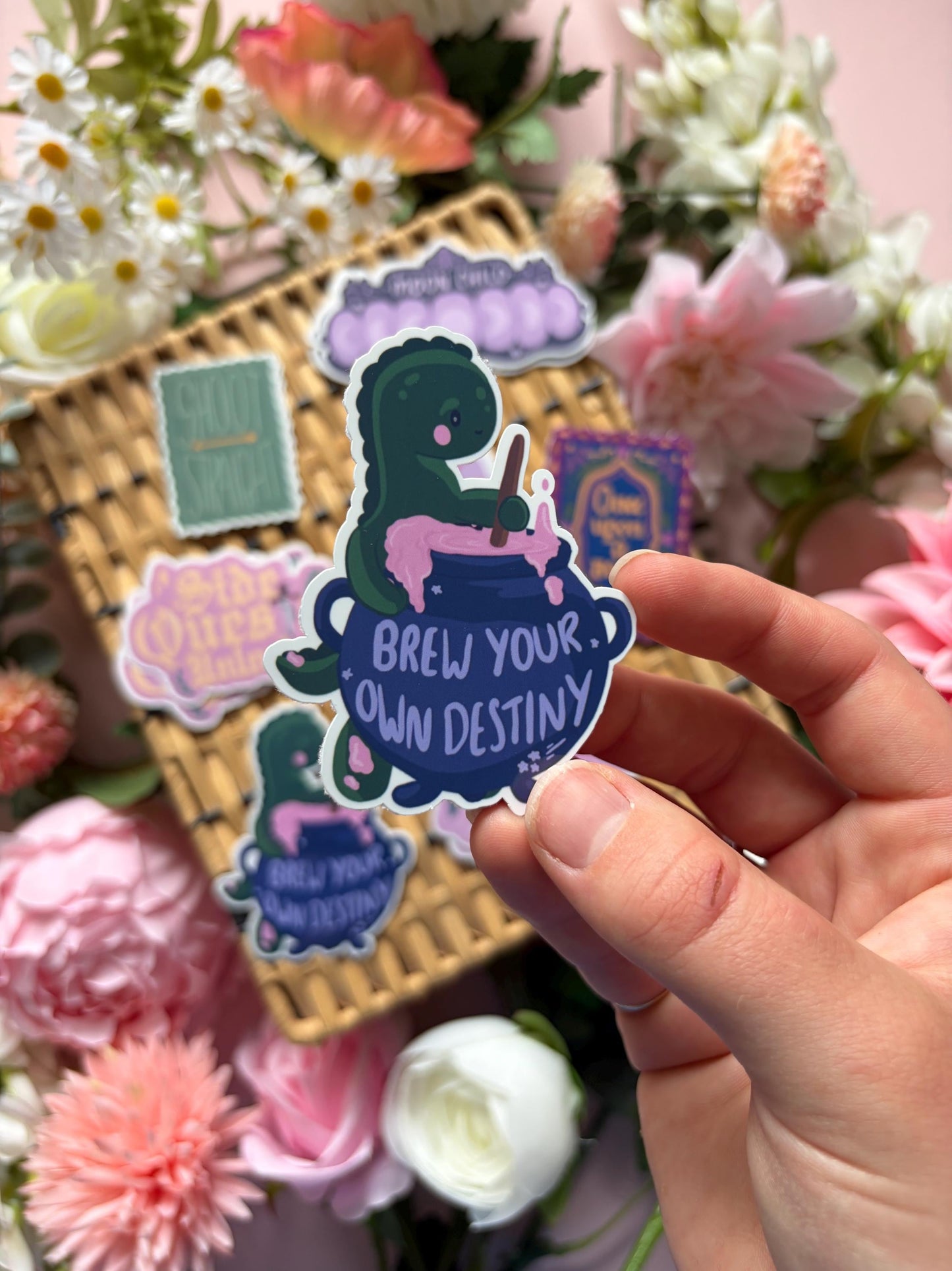 Brew Your Own Destiny Dinosaur Sticker | Whimsical Fantasy Vinyl Sticker | Cute Dino Glossy Decal | Handmade Bookish Aesthetic Sticker